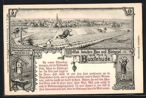 Lithographie Buxtehude, Der Wettlauf zwischen Hase und Igel vor der Ortschaft