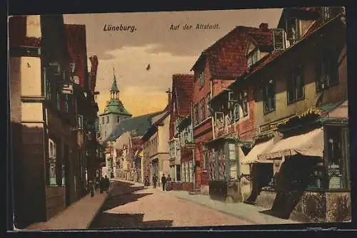 AK Lüneburg, Strassenpartie in der Altstadt mit dem Geschäft von Schlossermeister August Schmidt