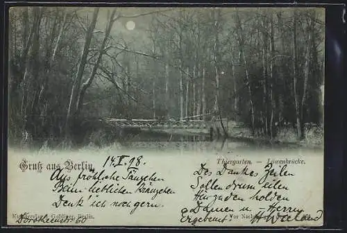 Mondschein-AK Berlin-Tiergarten, Thiergarten, Löwenbrücke