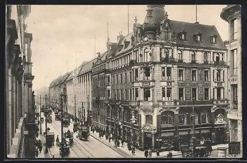 AK Berlin, Leipziger Strasse, Busse, Autos, Pferdewagen