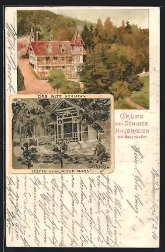 Lithographie Badenweiler, Schloss Hausbaden, Hütte beim Alten Mann