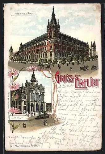 Lithographie Erfurt, Post-Gebäude, Rathaus mit Strassenbahn