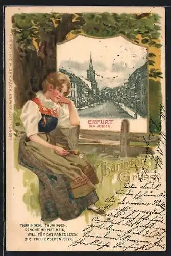 Passepartout-Lithographie Erfurt, Strassenpartie am Anger, nachdenkliches Mädchen