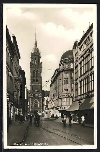 AK Krefeld, Strasse mit Geschäften, Cafe und Kirche