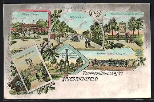 Lithographie Friedrichsfeld / Niederrhein, Wilhlemstrasse, Offiziers-Casino, Kriegerdenkmäler, Schiessplatz