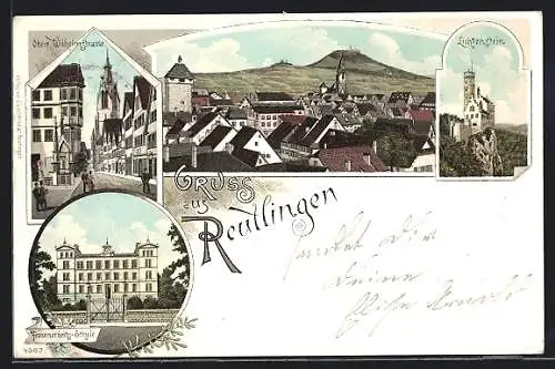Lithographie Reutlingen, Obere Wilhelmstrasse, Frauenarbeits-Schule, Burg Lichtenstein, Ortsansicht