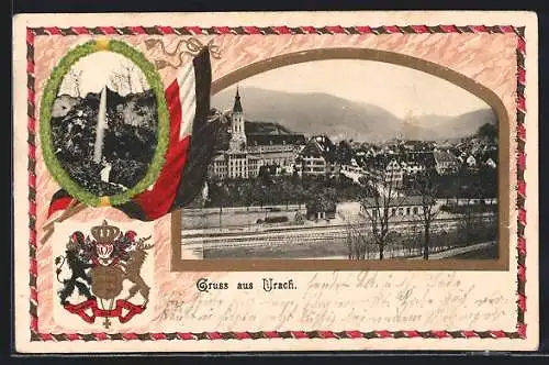 Passepartout-Lithographie Urach, Ortsansicht über die Bahngleisen, kleiner Wasserfall, Wappen und Reichsflagge