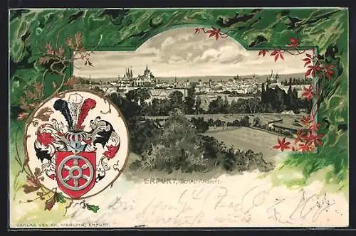 Passepartout-Lithographie Erfurt, Totalansicht mit Wappen