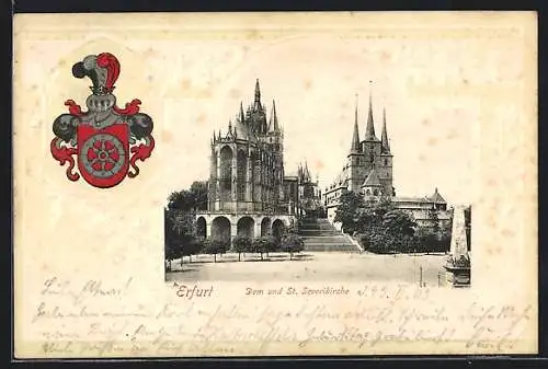 Passepartout-Lithographie Erfurt, Dom und St. Severikirche, Stadtwappen