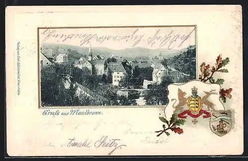 Passepartout-Lithographie Maulbronn, Ortsansicht aus der Vogelschau, Wappen