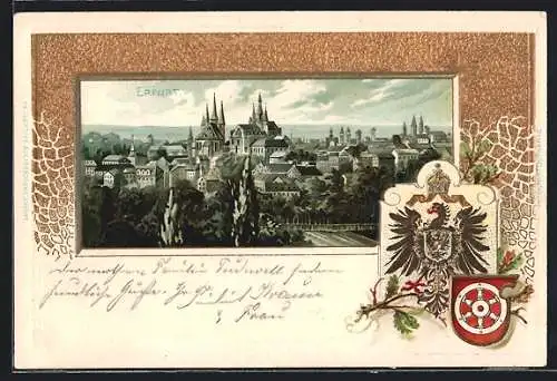 Passepartout-Lithographie Erfurt, Panorama mit Wappen