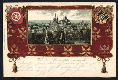 Passepartout-Lithographie Erfurt, Panorama, Wappen