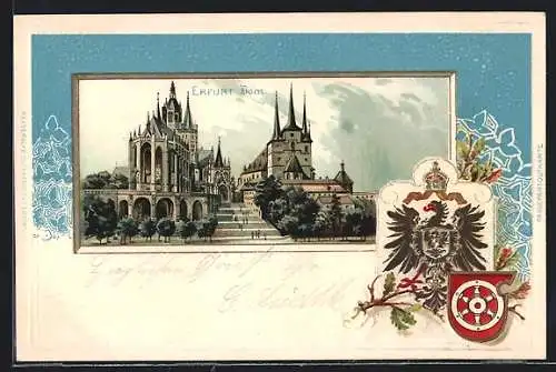 Passepartout-Lithographie Erfurt, Blick zum Dom, Wappen
