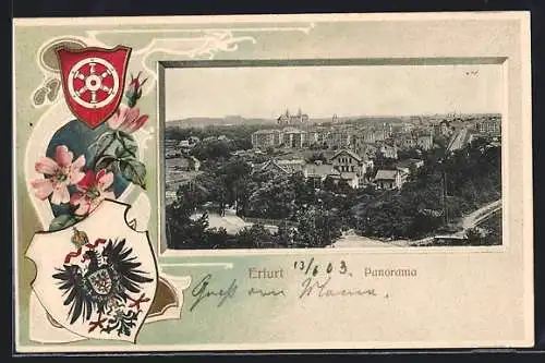 Passepartout-Lithographie Erfurt, Teilansicht, Wappen