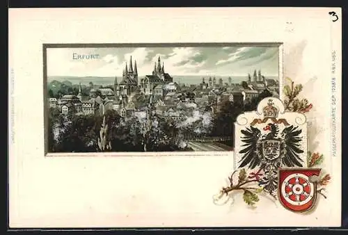 Passepartout-Lithographie Erfurt, Blick über die Stadt, Wappen