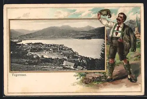 Passepartout-Lithographie Tegernsee, Ortsansicht am Wasser, geprägter Wanderer in Tracht