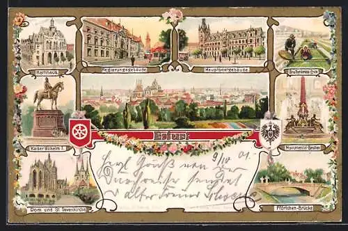 Lithographie Erfurt, Hauptpost, Brunnenkress-Ernte, Regierungsgebäude, Rathhaus