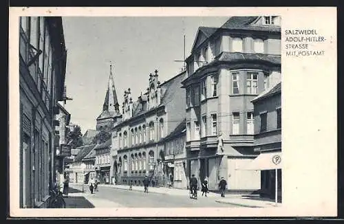 AK Salzwedel, Strasse mit Postamt