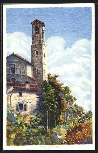 Künstler-AK Castagnola, Ortsansicht mit Turm