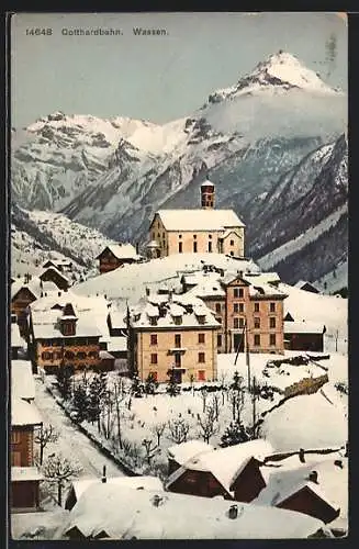 AK Wassen, Gotthardbahn, Ortsansicht im Winter