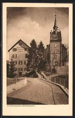 AK Riehen-Basel, Strassenpartie mit Kirche St. Chrischona