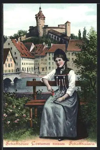AK Schaffhausen, Eine junge Frau in lokaler Tracht, mit der Festung
