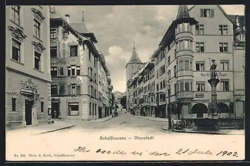 AK Schaffhausen, Strassenpartie in Oberstadt mit Brunnen