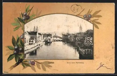 AK Zürich, Blick vom Mühlesteg, Passepartout mit Olivenzweig