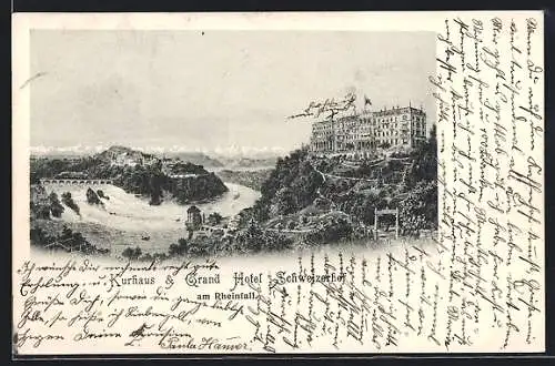 Lithographie Schaffhausen, Kurhaus und Grand Hotel Schweizerhof am Rheinfall