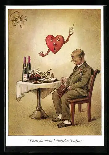 Künstler-AK Heinz Geilfus: Herz warnt vor deftigen Speisen