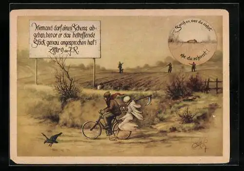 Künstler-AK sign.: Geilfus: Lustige Jägerfibel in Bildern, Radfahrer mit dem Sensenmann auf dem Gepäckträger