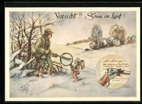 Künstler-AK Heinz Geilfus: Vorsicht!! Schnee im Lauf, Jäger mit Gewehr vor Zwerg, Jagdhumor