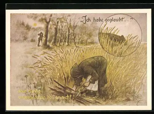 Künstler-AK sign.: Geilfus: Lustige Jägerfibel in Bildern, Holzsammlerin wird fälschlich für eine Wildsau gehalten..