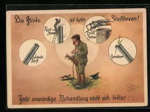 Künstler-AK Heinz Geilfus: Die Flinte ist kein Stallbesen!, Jäger mit kaputtem Gewehr, Jagdhumor