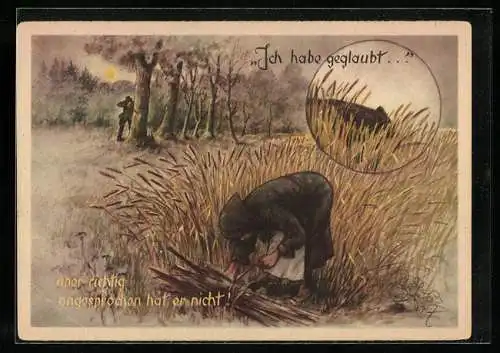 Künstler-AK sign.: Geilfus: Lustige Jägerfibel in Bildern, Holzsammlerin wird fälschlich für eine Wildsau gehalten..