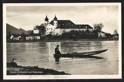 AK Schlehdorf, Kloster am Kochelsee mit Ruderer