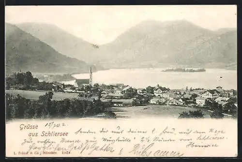 AK Schliersee, Ortsansicht mit See und Bergen