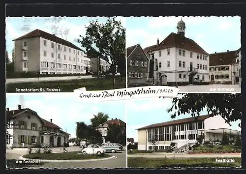 AK Bad Mingolsheim /Baden, Sanatorium St. Rochus, Bahnhof, Rathaus und Festhalle