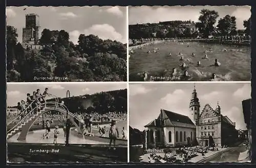 AK Durlach i. Baden, Warte, Turmberg-Bad und Rathaus