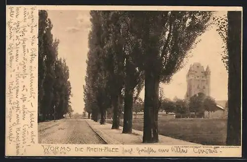 AK Worms, Rhein-Allee mit Turm
