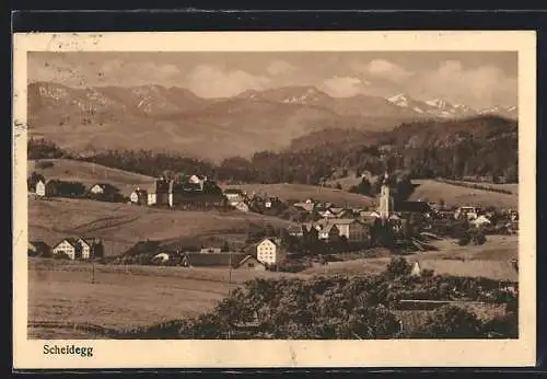 AK Scheidegg, Ortsansicht mit Bergpanorama