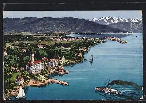 AK Bad Schachen bei Lindau, Ortsansicht mit einfahrendem Dampfer