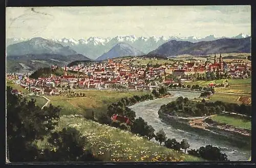 AK Kempten / Allgäu, Stadtansicht mit Flusspartie und Bergpanorama