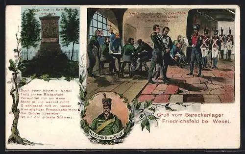 AK Friedrichsfeld / Niederrhein, Barackenlager, Denkmal der 11. Schill'schen Offiziere, Ferdinand von Schill