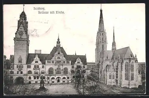 AK Duisburg, Rathaus mit Kirche und Brunnen
