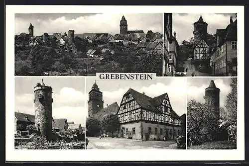 AK Grebenstein, Teilansicht mit Burg, Burgtor, Pulverturm