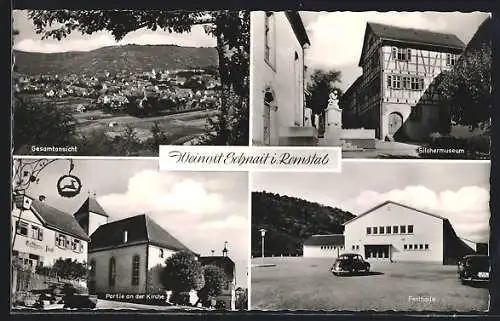 AK Schnait i. Remstal, Gasthaus Post und Kirche, Festhalle, Silchermuseum