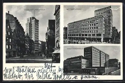 AK Stuttgart, Stuttgarter Hochbauten, Tagblatt-Hochhaus, Mittnachtbau u. Post-Hochhaus