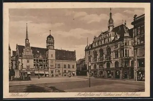 AK Halle a. S., Marktplatz mit Geschäften, Rathaus und Stadthaus