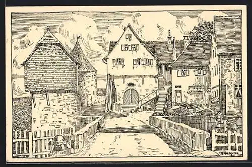 Künstler-AK Waldenburg / Württ., Teilansicht mit Brücke